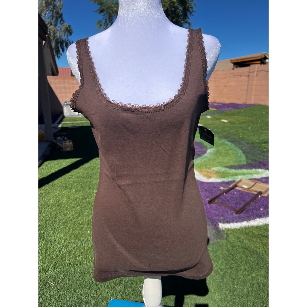 St. Johns Bay Womens Medium Brown Lace Trim Scoop Neck Cotton Tank Top NWT